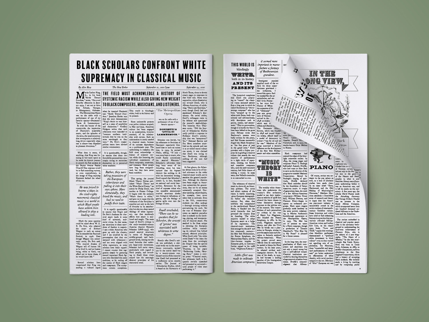 A few pages of an old-timey newspaper on a light green background