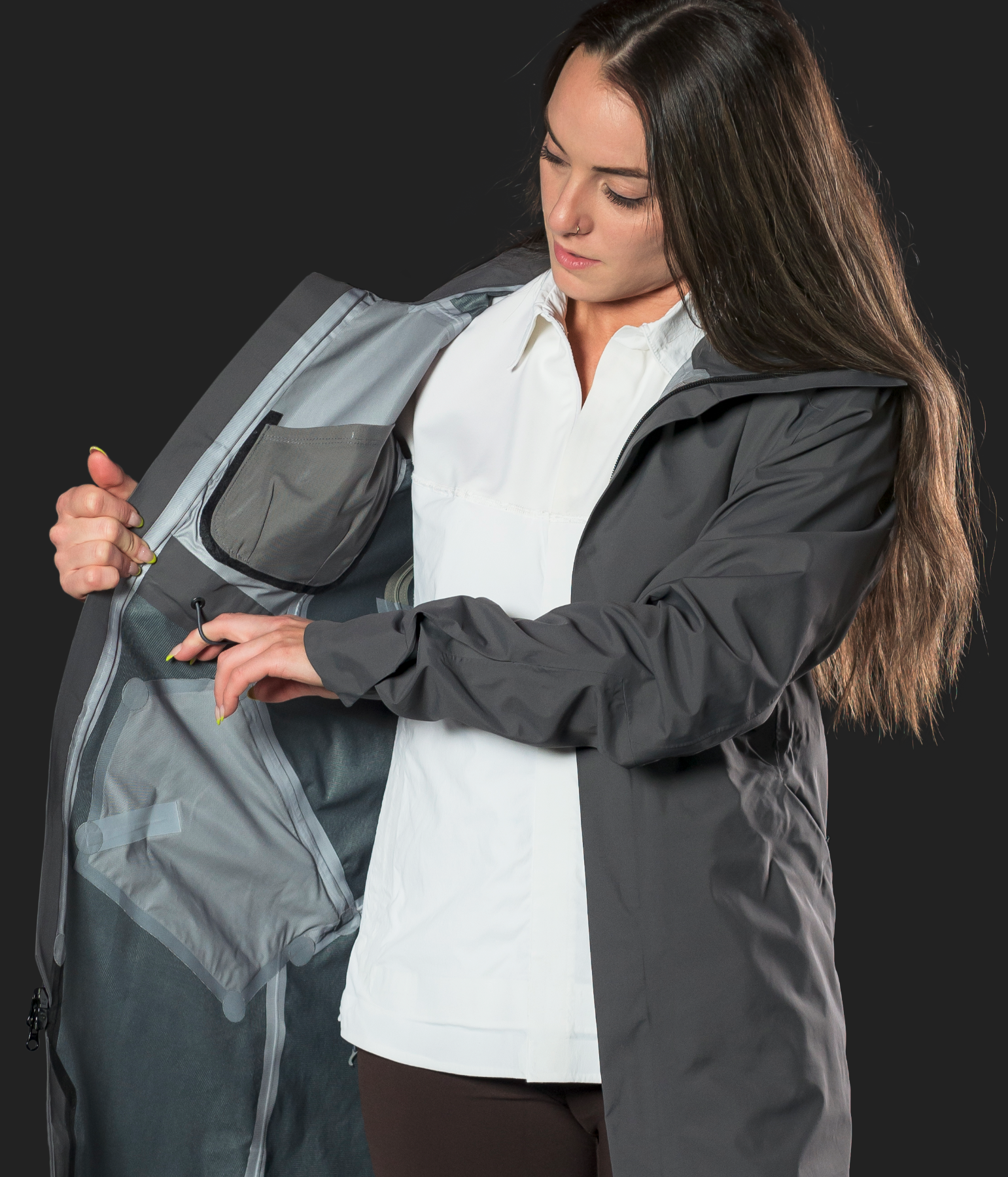 Melissa adjusting the waist-cinch drawrcord.
