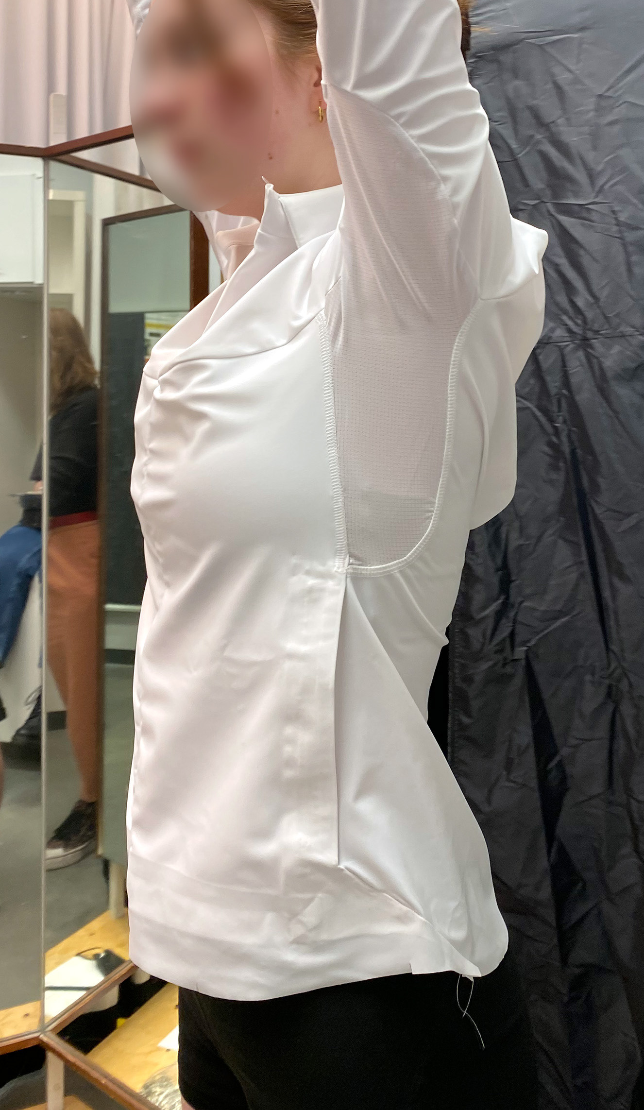 Proto 1: Underarm view and finishing during early fittings.