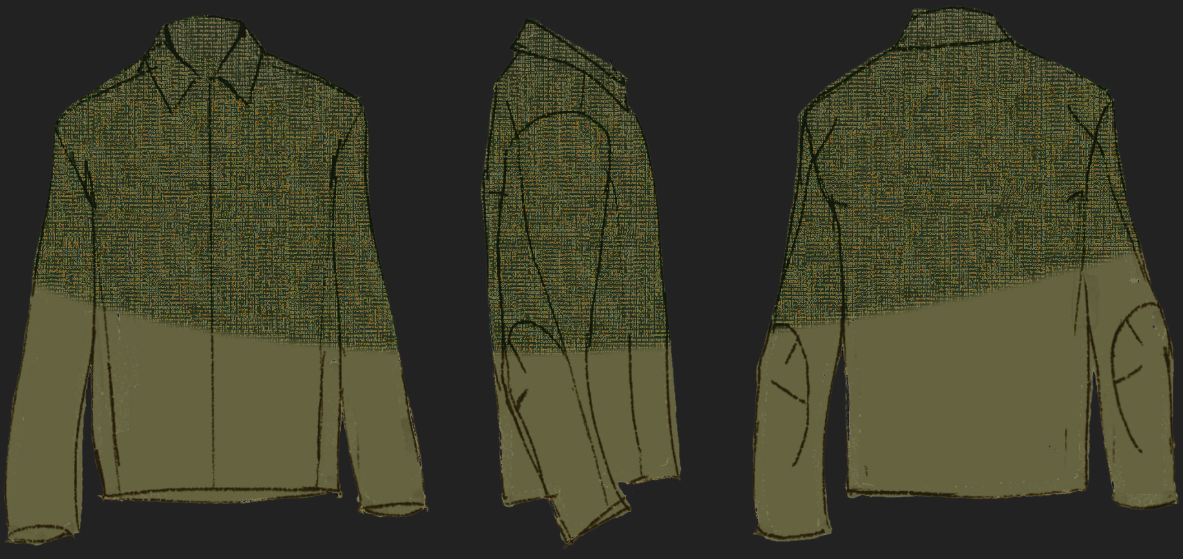 Procreate sketches, exploring texture in face/lining fabrics.