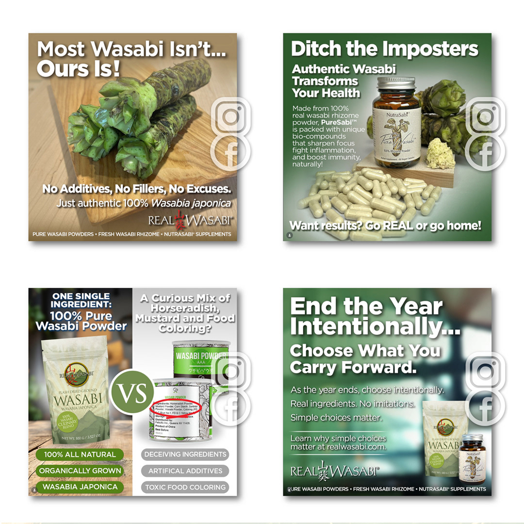 Various social media and ad concepts, many AB tested for effectiveness.