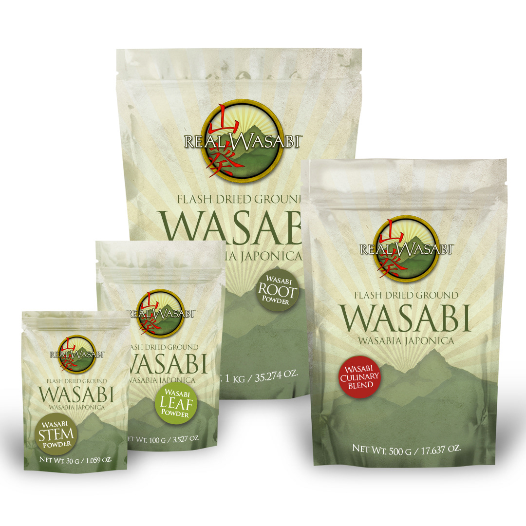 Refreshed packaging design for powdered wasabi line, incorporating elements of from original logo.