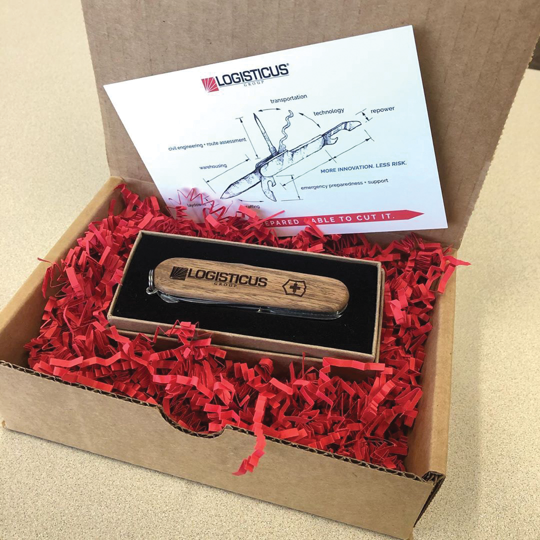 Prospect 'gift', coordinating item branding with manufacturer and custom packaging.