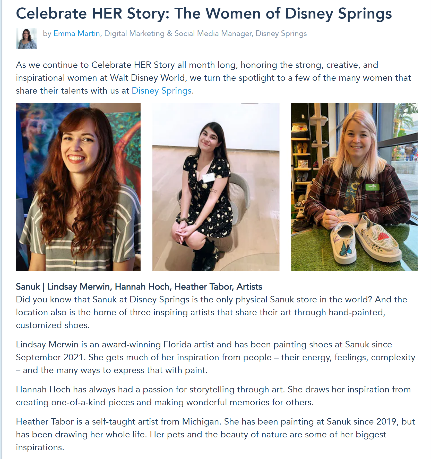 Disney Parks Blog article featuring women artists of Disney Springs, 2022