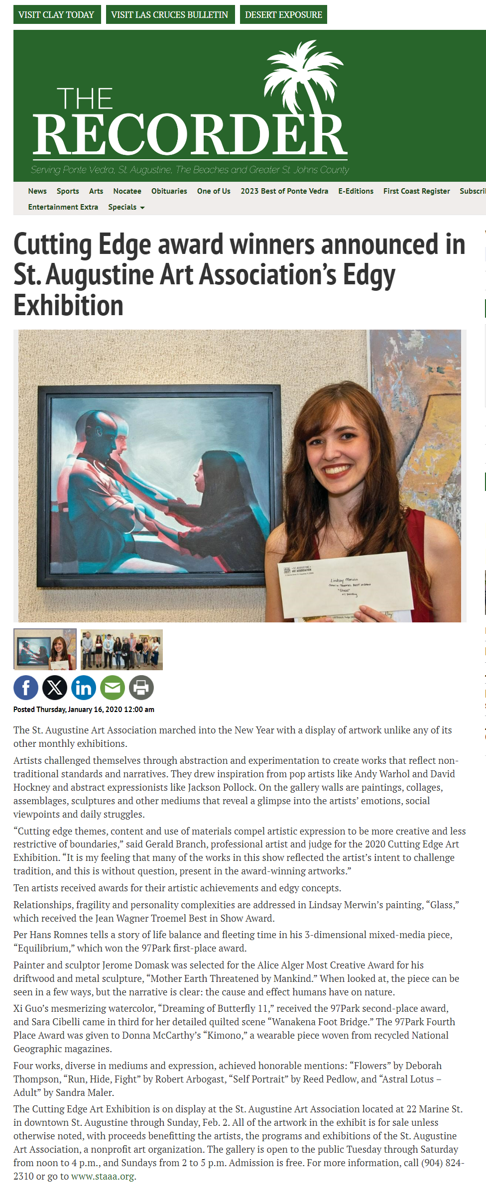 The Recorder article featuring award winners from St Augustine Art Association "Cutting Edge" exhibition, 2020