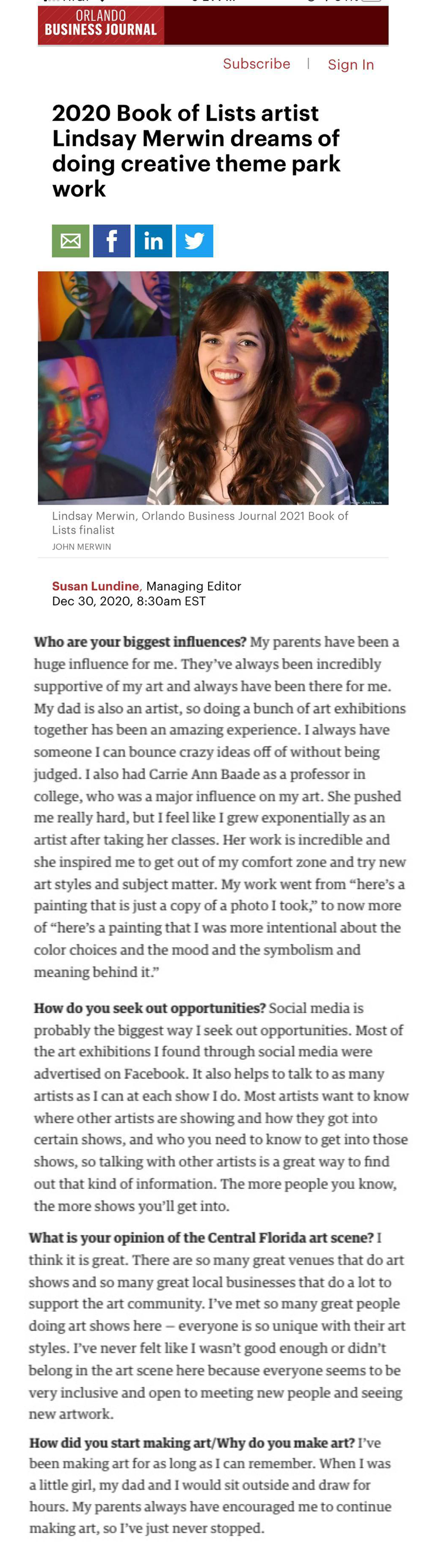 Orlando Businesss Journal Book of Lists 2020 Featured Artist