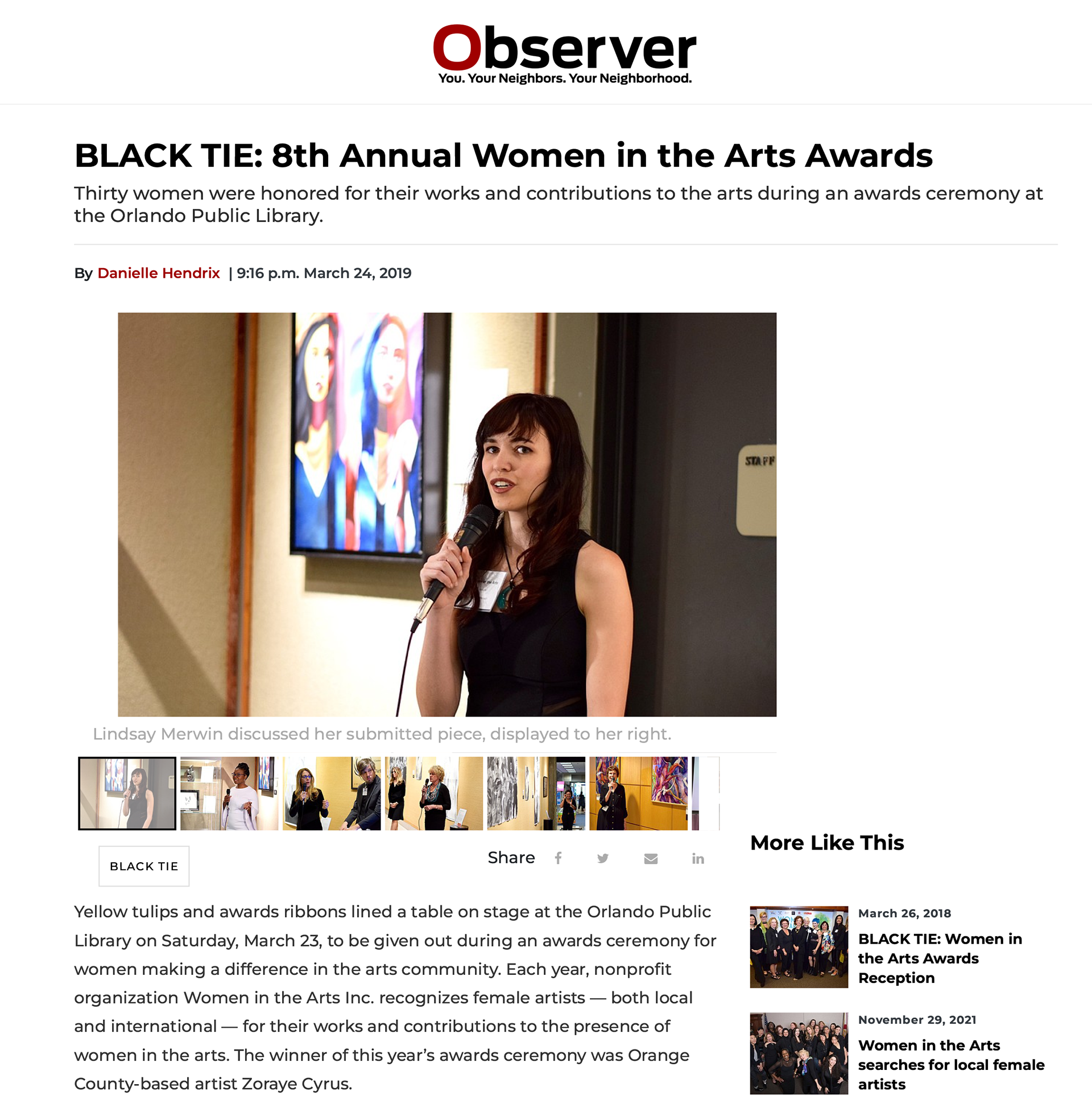 Orange Observer article for 8th Annual "Celebrating the Genius of Women" Women in the Arts Awards, 2019