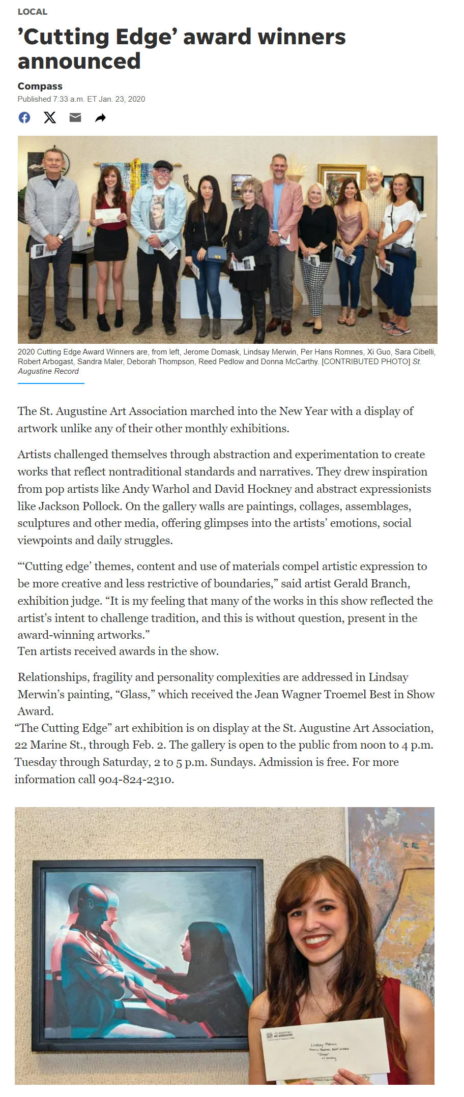 StAugustine.com article featuring award winners from St Augustine Art Association "Cutting Edge" exhibition, 2020