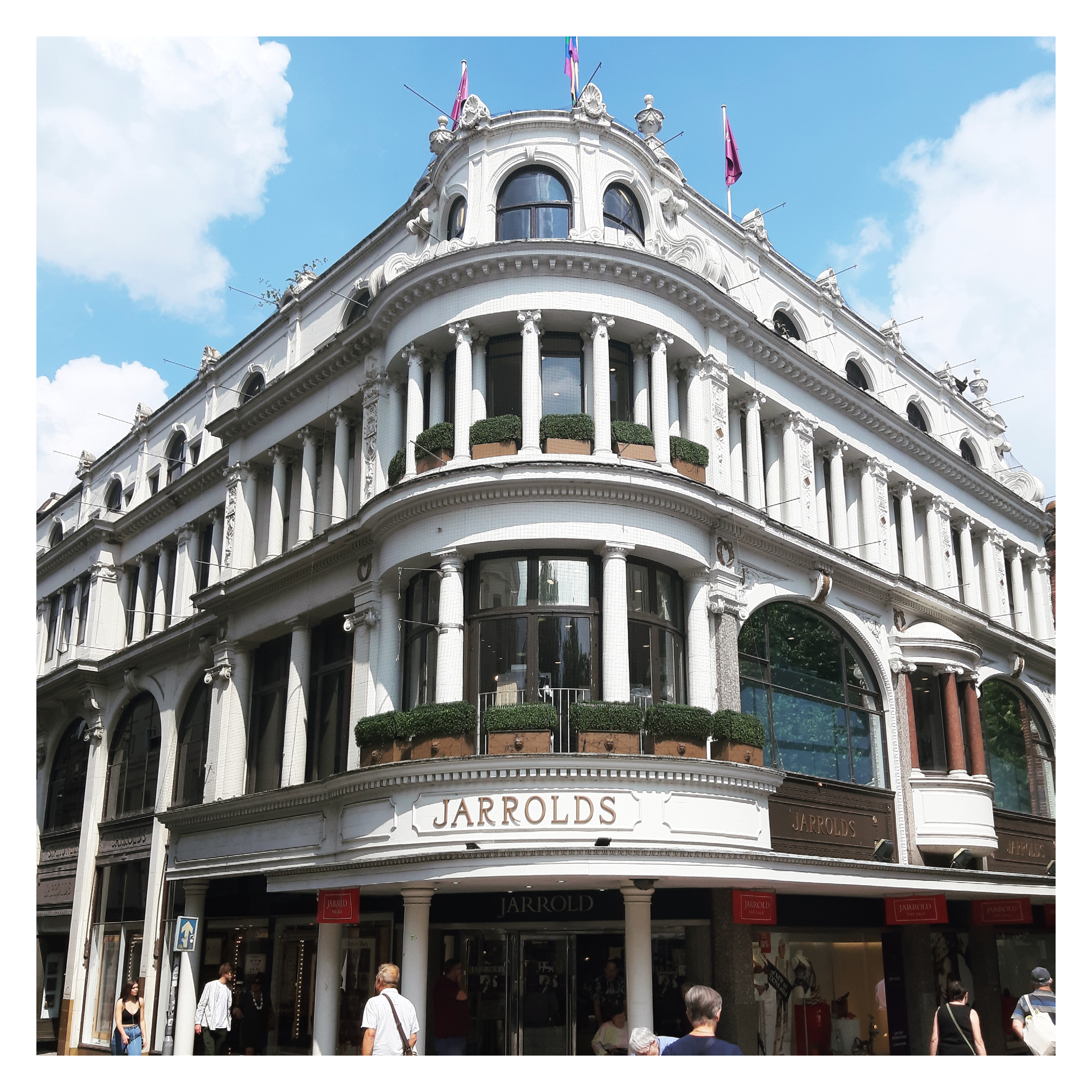 N19 | Jarrolds Store | This facade blends Art Deco elements with traditional design, featuring geometric shapes, bold lines, and decorative motifs, creating a visually striking and historically significant appearance.