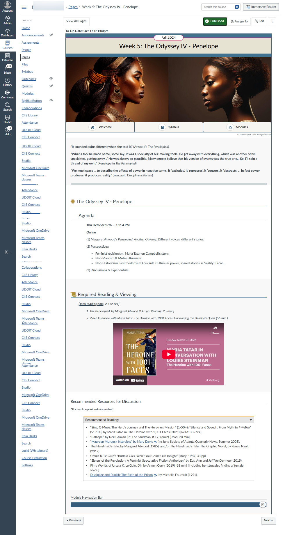 Example 2: Course Subpage from template with embedded content in categories (visual hierarchy) to convey learning path and to reduce student disengagement.