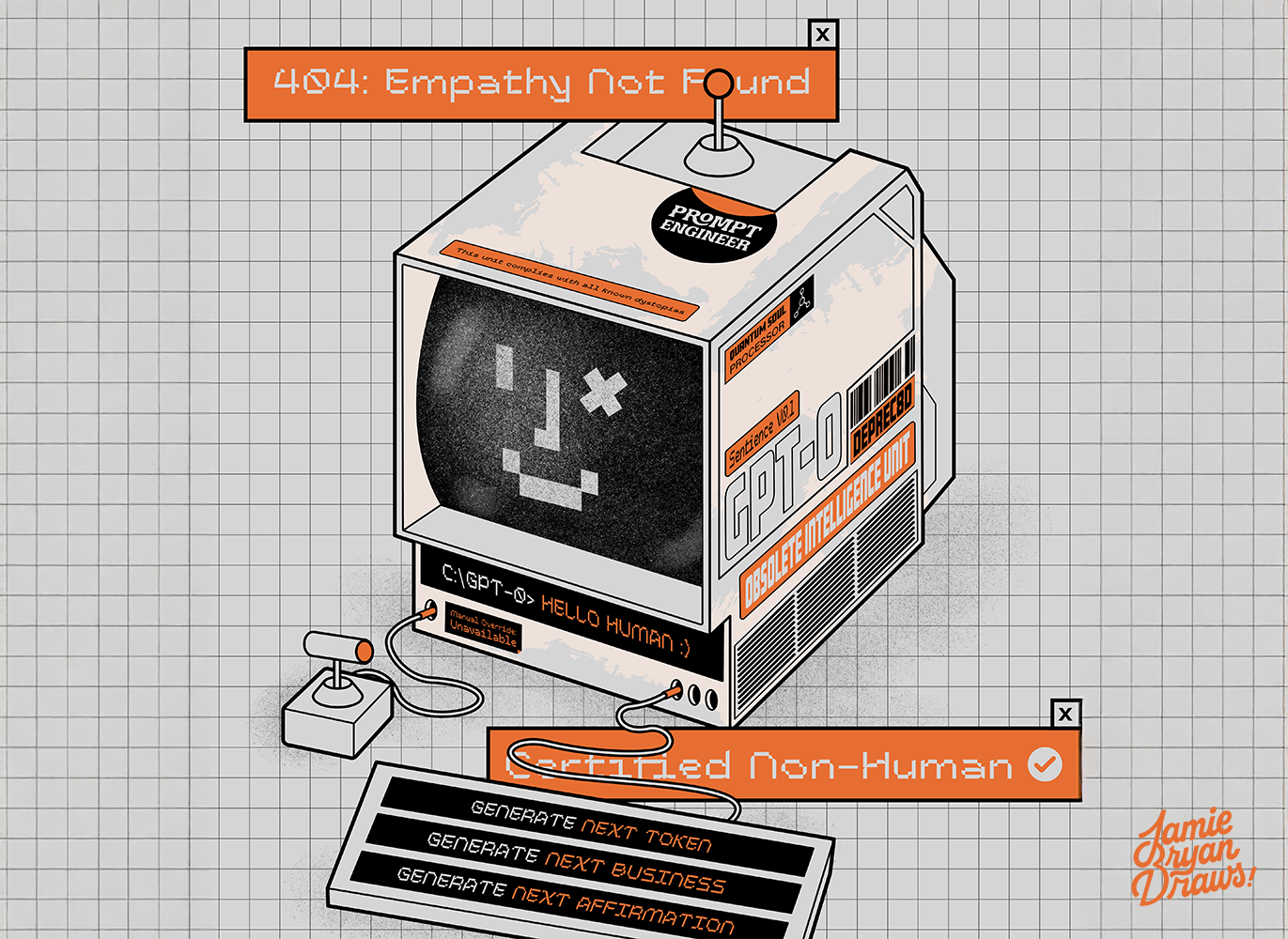 Vector illustration titled “GPT-0,” featuring a vintage Macintosh device surrounded by puns and nods to AI, Web3, and crypto. Styled as a rustic artifact from a nuclear fallout bunker, highlighting dark humour and commentary on AI replacing humans.