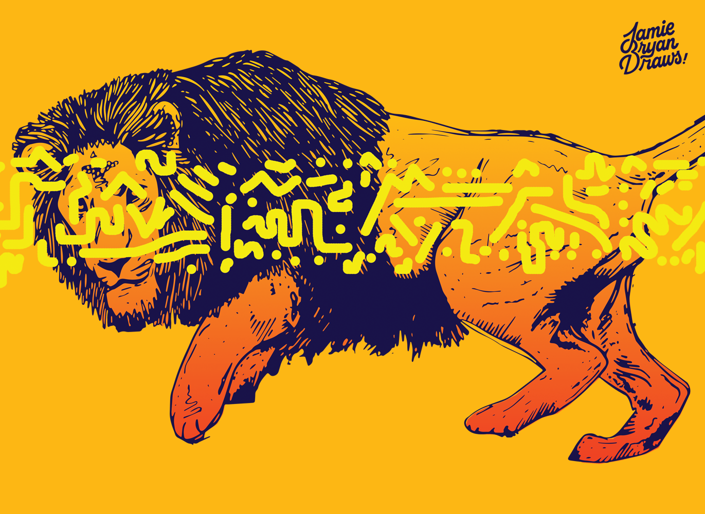 Hand-drawn illustration of a lion in mid-stride, ready to pounce, capturing dynamic movement and predatory focus. Wildlife-inspired artwork emphasizing strength, agility, and natural power.