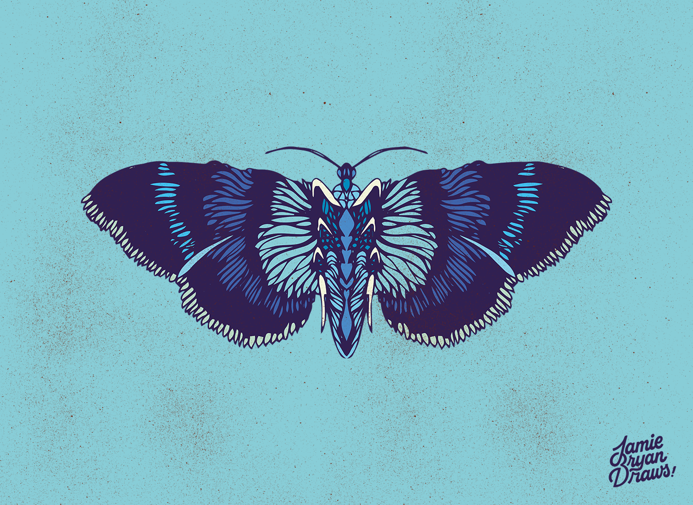 Hand-drawn illustration of a Prussian Moth, a fictional moth created from intricate patterns and lines in shades of blue, purple, and navy. Nature-inspired artwork emphasizing detail, symmetry, and decorative design.