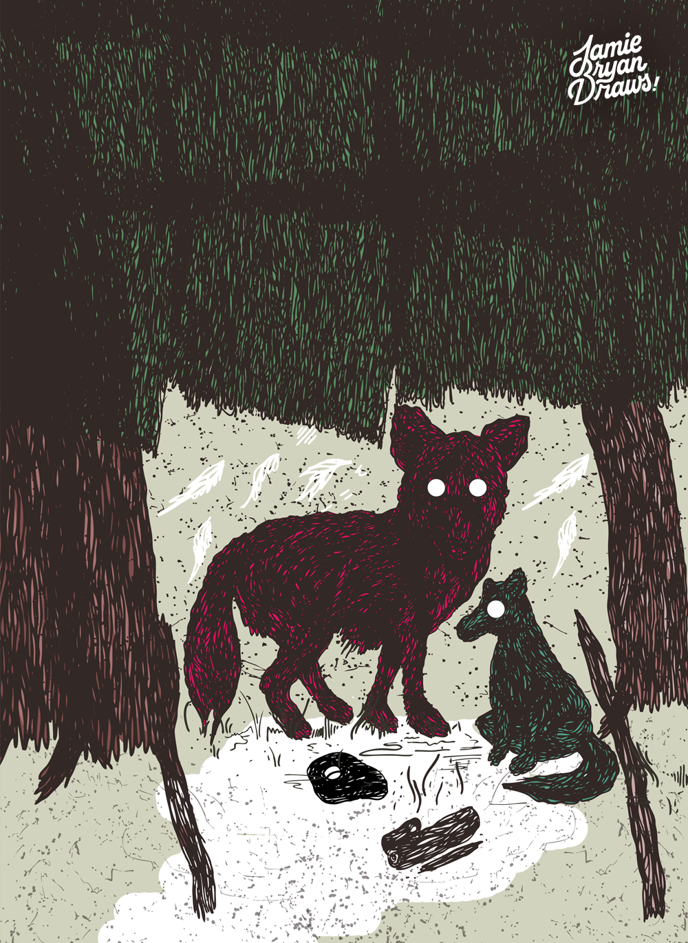 Hand-drawn illustration of a mother fox and her cub sitting in a forest clearing, preparing to enjoy a meal. Wildlife-inspired artwork emphasizing family, natural behavior, and woodland detail.