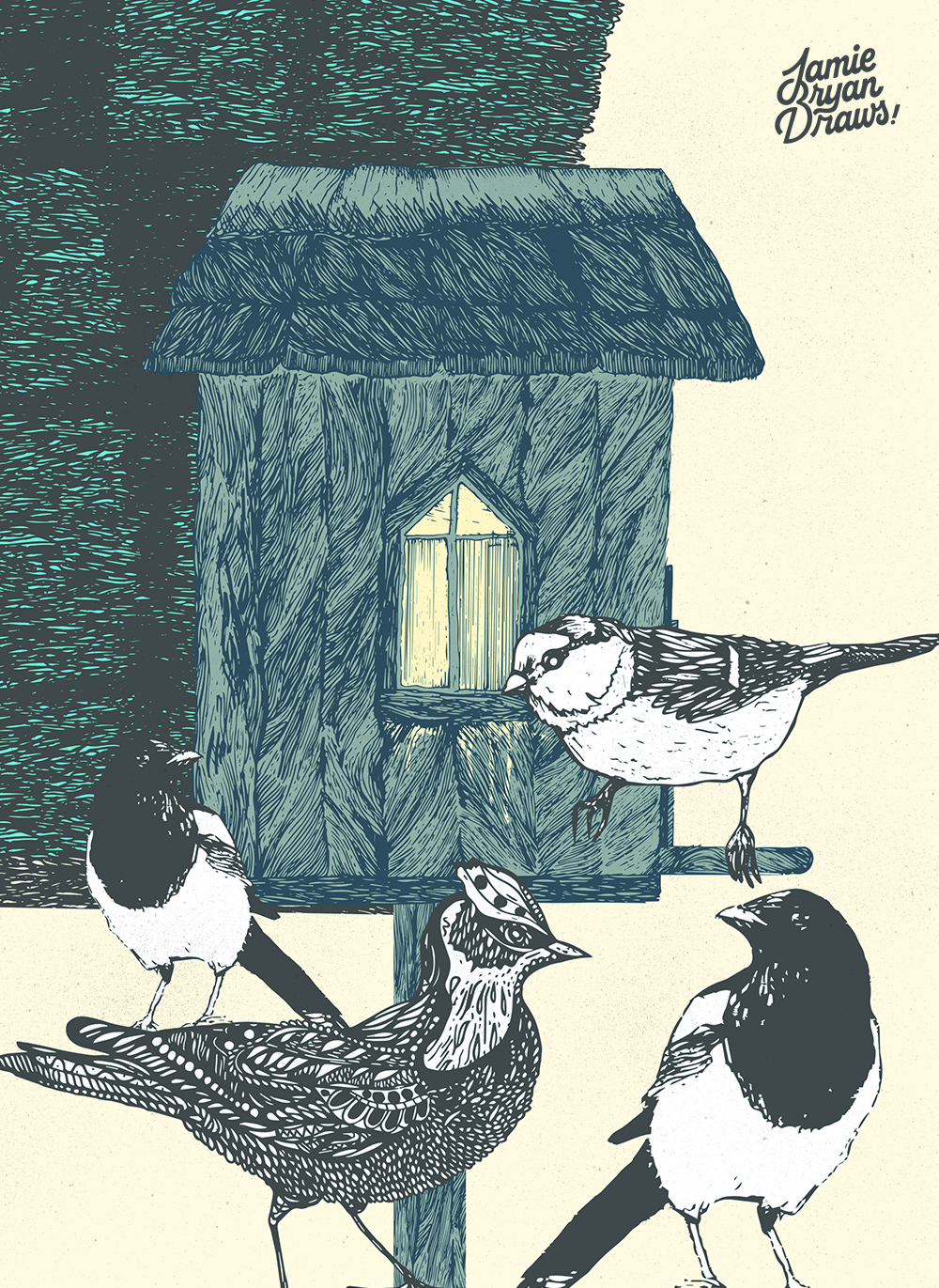 Hand-drawn illustration titled “Bird House,” showing a variety of birds gathered outside a small treehouse with a glowing window. Nature-inspired artwork emphasizing charm, detail, and the warmth of wildlife.
