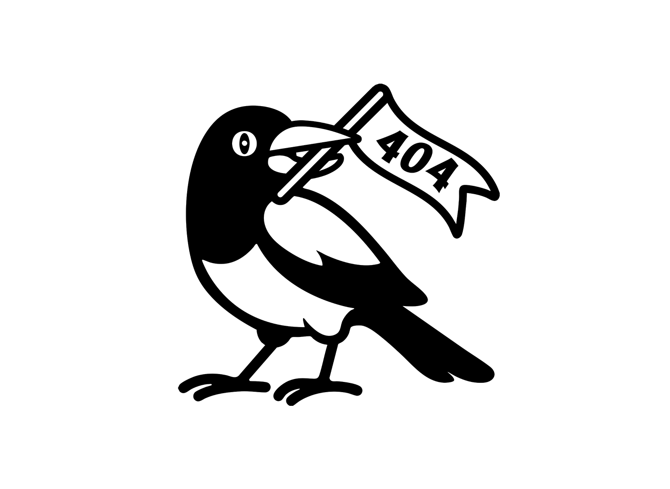 an illustration of a magpie waving a flag that says '404' a nod to the artists ornithology illustrations while referencing the common 404 website error