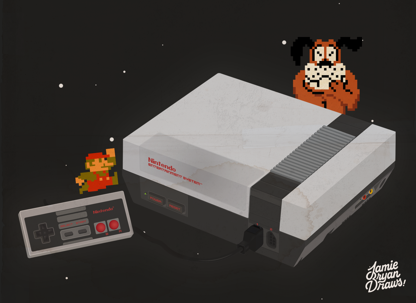 Vector illustration of a Super Nintendo Entertainment System placed on a black textured backdrop with vintage paper textures, featuring characters from Super Mario and Duck Hunt. Detailed and nostalgic vector artwork.