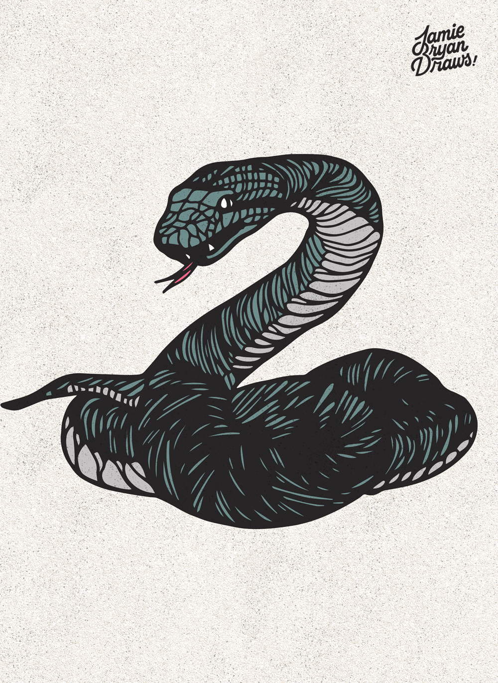 Hand-drawn illustration of a green snake titled “Pit Viper,” coiled and poised with a striking, bold presence. Wildlife-inspired artwork emphasizing texture, movement, and vibrant detail.
