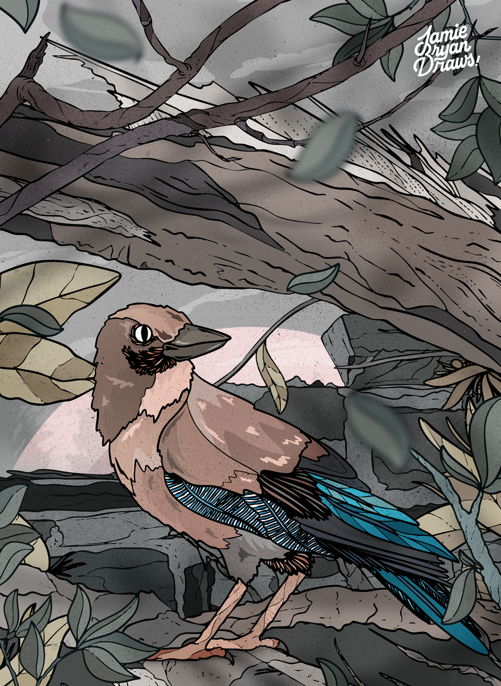 Fine art illustration of a Eurasian jay in a forest scene, chirping amid swirling leaves and fallen branches. Handcrafted bird art inspired by woodland nature.