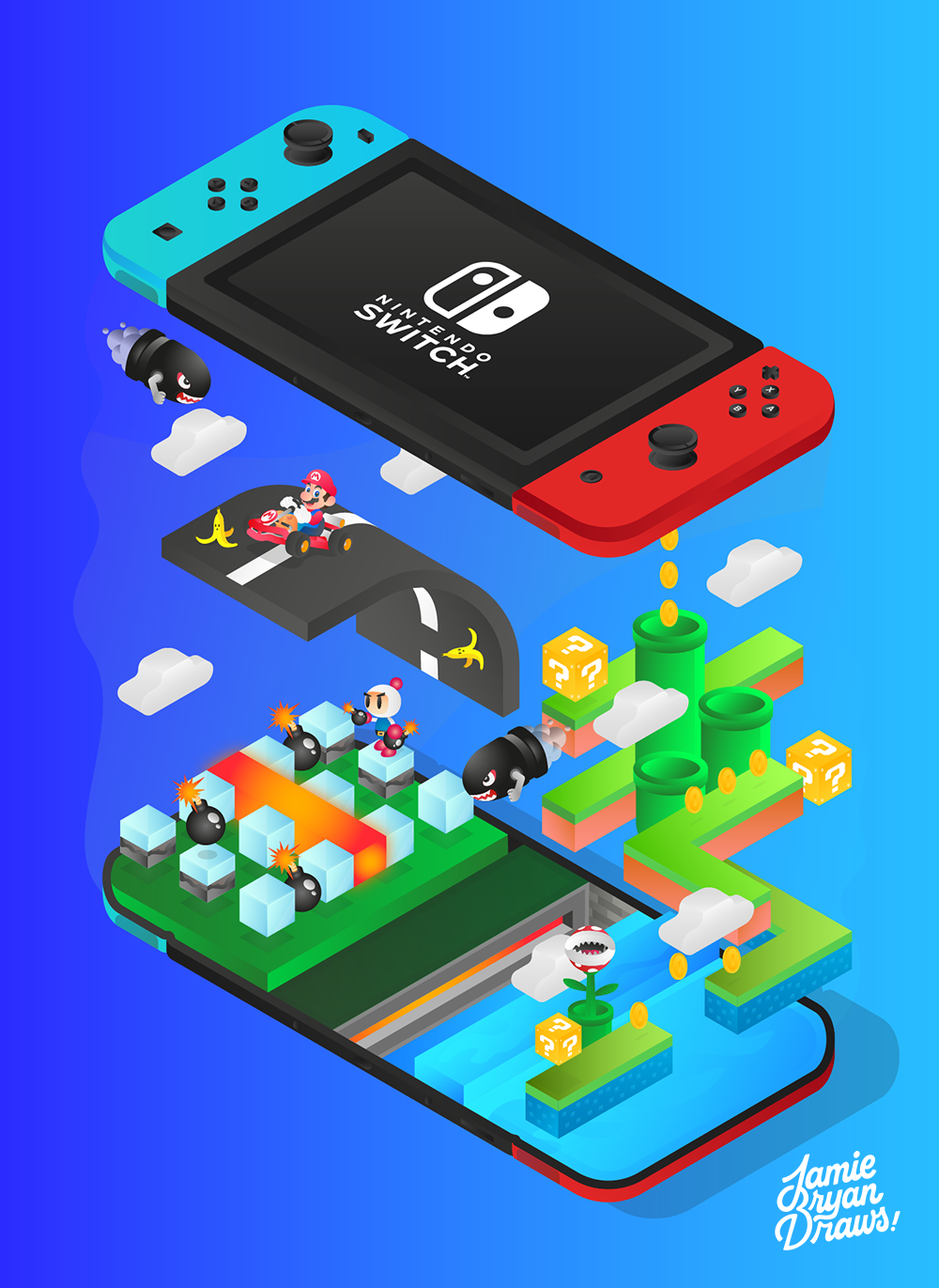 Vector illustration of a Nintendo Switch console split in half, revealing a nostalgic gaming world inside. Features elements from Mario Kart, Super Mario, Bullet Bill, pipes, Piranha Plants, Bomberman, and bombs, rendered in detailed vector style.