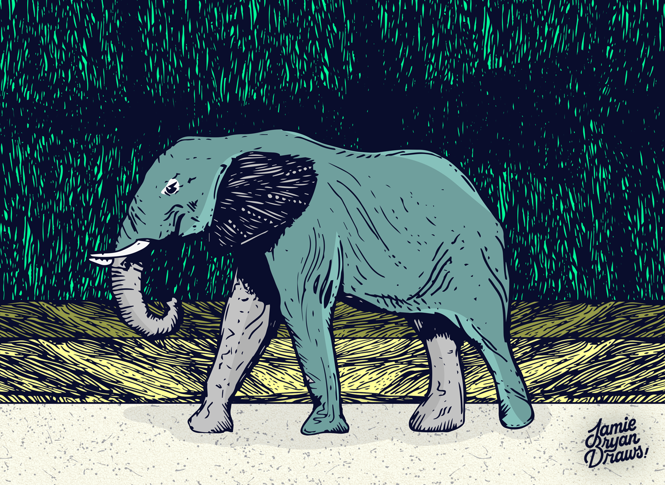 Hand-drawn illustration of an elephant walking along a forest-lined hedgerow. Wildlife-inspired artwork emphasizing the elephant’s gentle strength and natural surroundings.