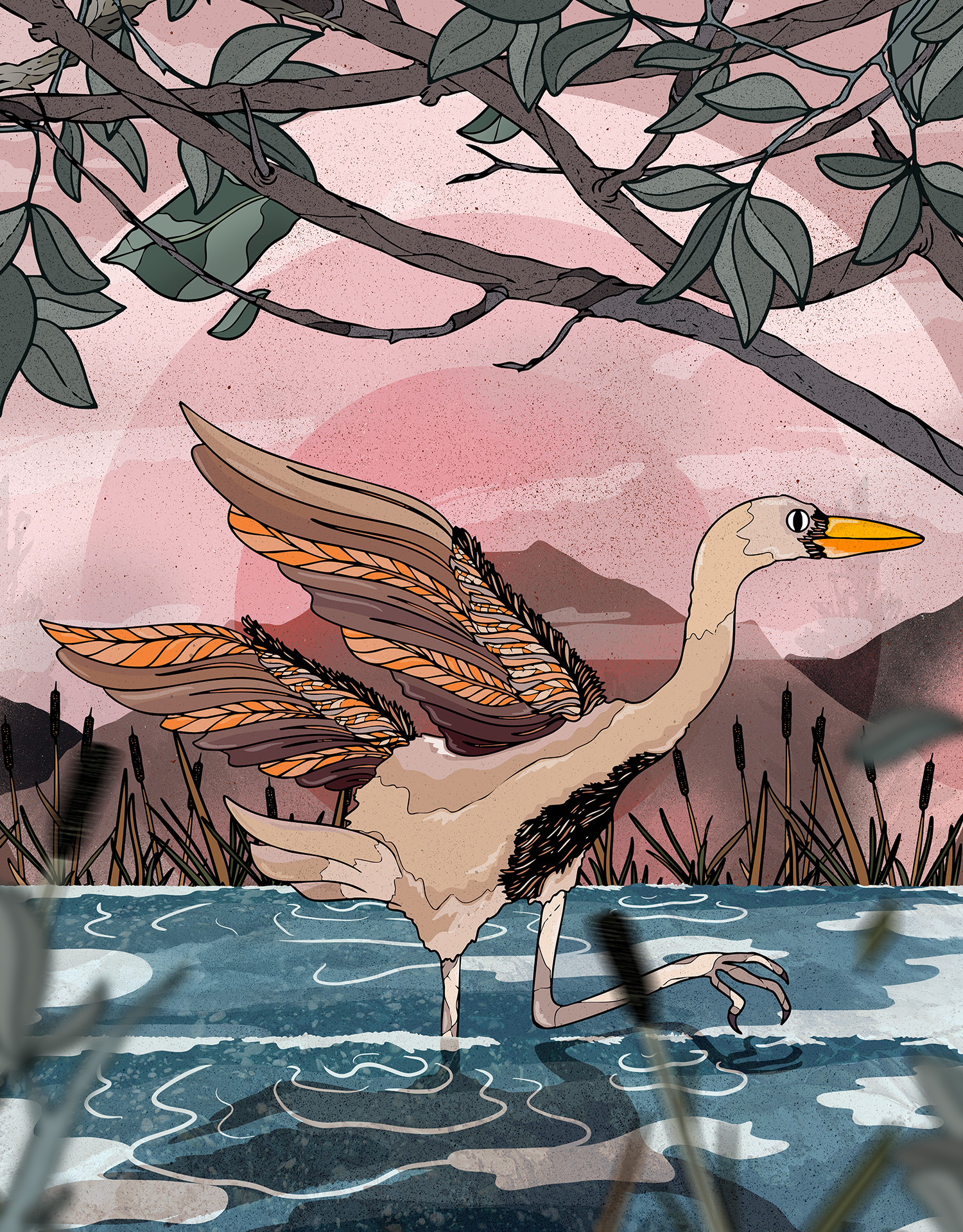 Hand-drawn illustration of a Wading Egret splashing through water in a jungle scene with mountains in the background. Nature-inspired bird artwork emphasizing movement, wetland habitat, and dynamic composition.