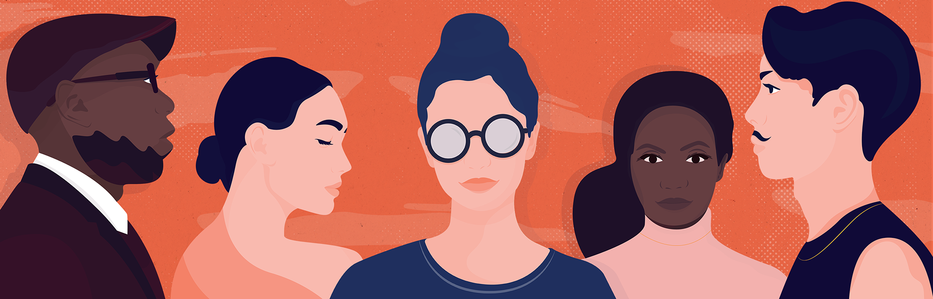 A series of vector portraits are displayed together in a unique collage set against an orange background 