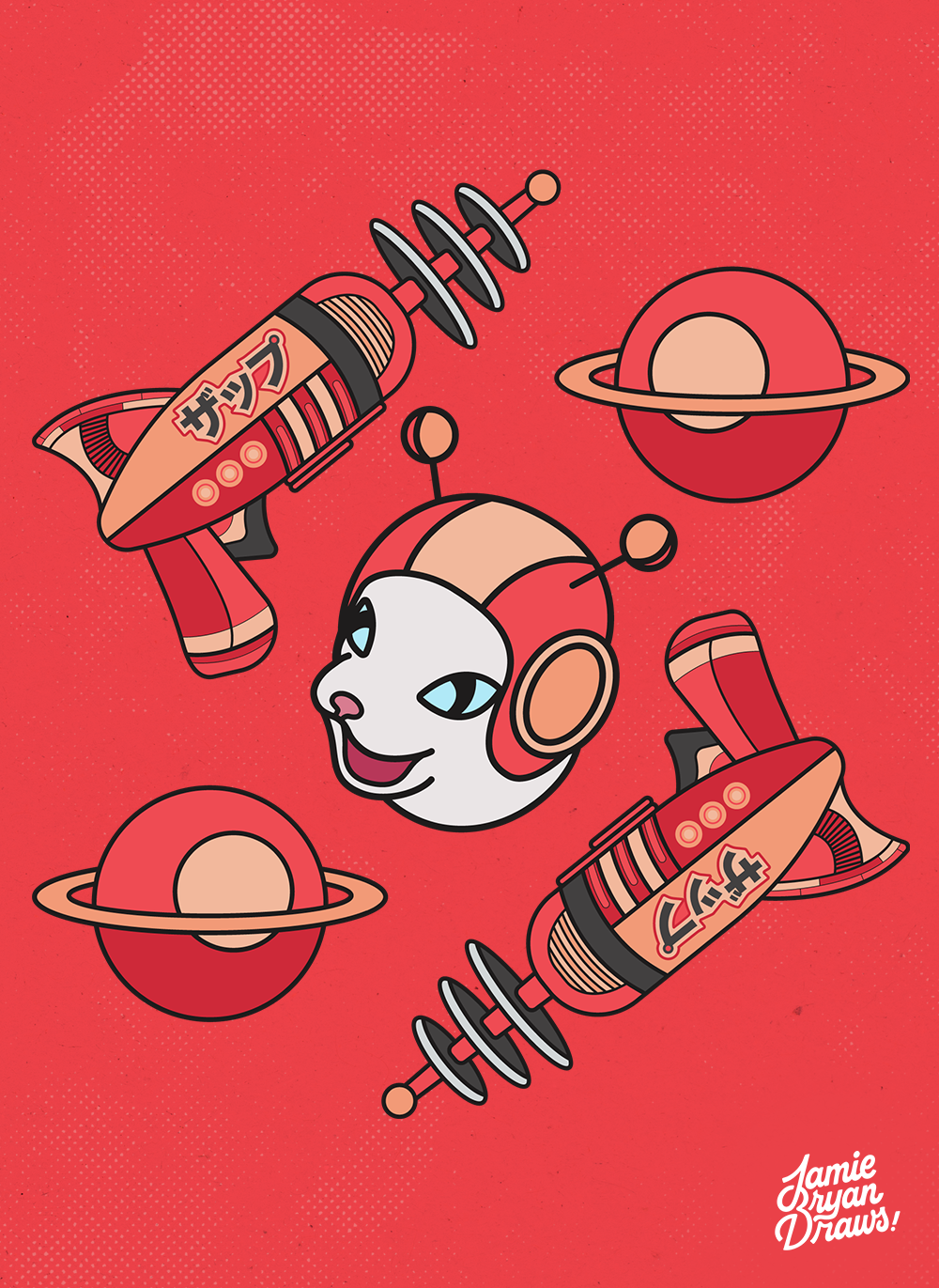 Retro Japanese-inspired poster titled “Feline Fiends: Voyage to the Stars,” depicting an alien-like cat surrounded by planets, ray guns, and cosmic motifs in bold shades of orange and red. A nostalgic sci-fi illustration blending feline character design with vintage space adventure themes.
