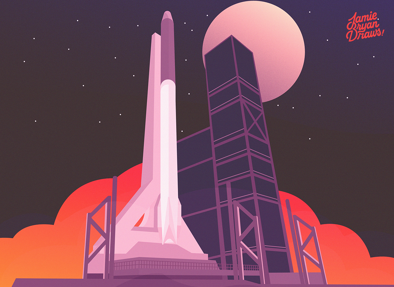 Vector illustration titled “To The Moon,” showing a space shuttle launching with red smoke plumes, ascending toward the moon and stars. Stylized vector artwork emphasizing motion, energy, and space exploration.