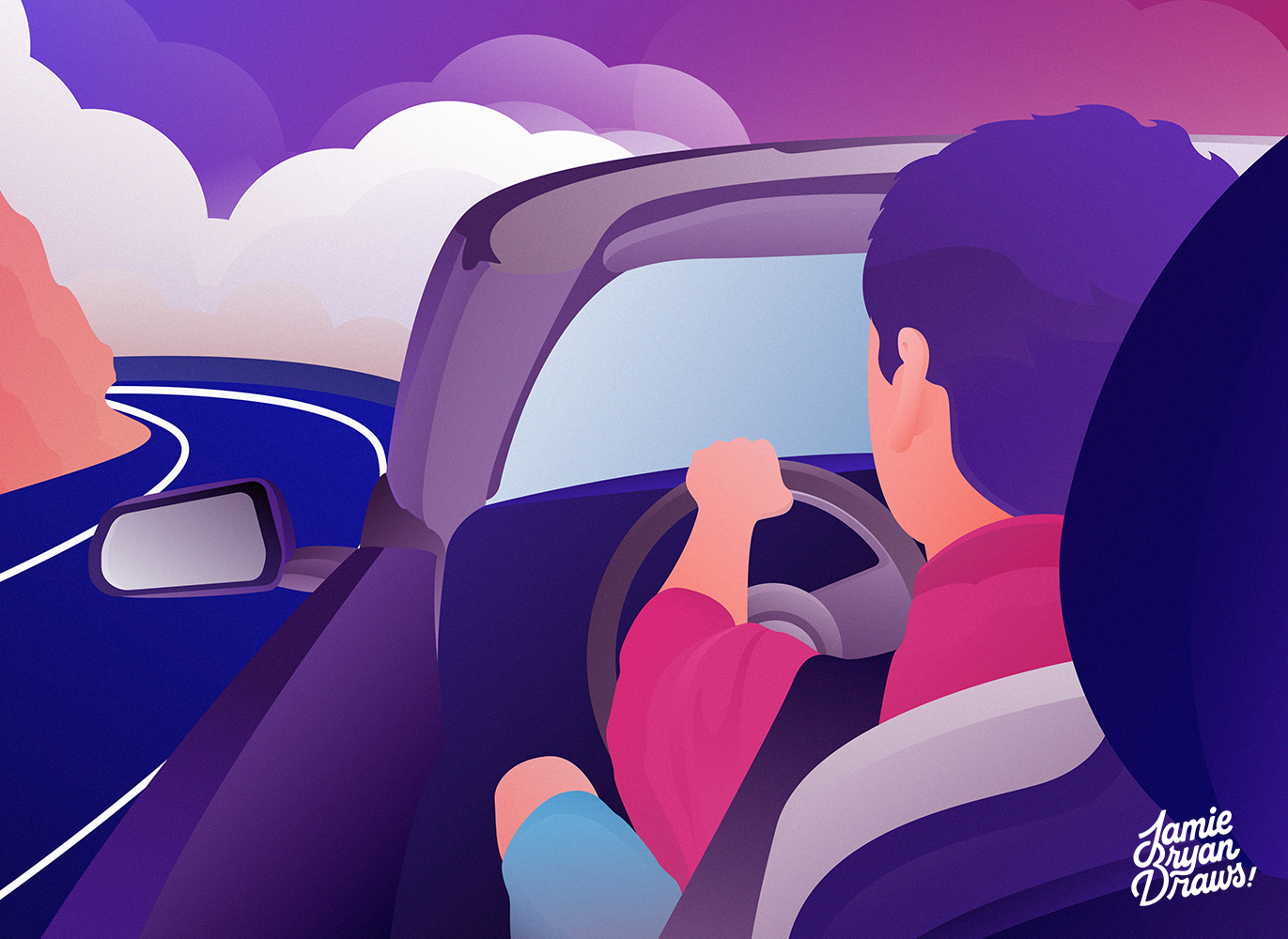 Vector illustration titled “Cyber Roads,” showing a POV from the back seat of a sports car driving around a cliff-top corner under a purple sky. Stylized and cinematic vector artwork emphasizing motion and perspective.