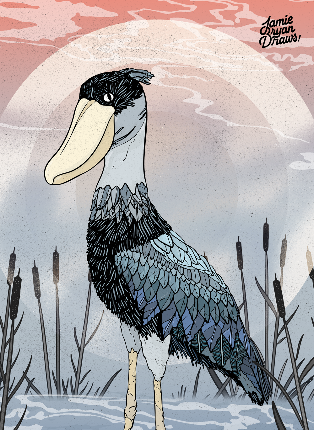 Illustration of a Shoebill Stork standing among tall reeds at sunset. The bird’s imposing, sculptural form is highlighted against a misty red sky, evoking stillness and quiet anticipation as it waits to hunt.