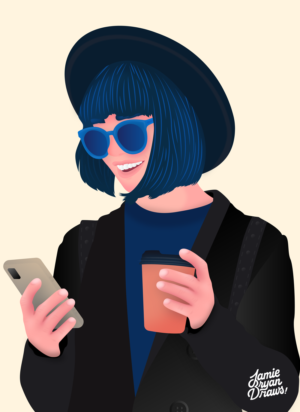 Vector portrait of a modern girl with blue hair, wearing a trench coat and hat, drinking coffee and looking at her phone. Stylized and minimal vector illustration capturing urban lifestyle and fashion.