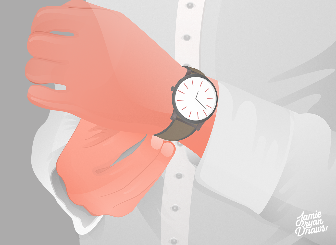 Vector illustration titled “Fix Up Look Sharp,” showing a man’s wrist, shirt, and watch. Focus on detailed shading in the fabric and clear rendering of the watch, with shadows cast by hands for depth.