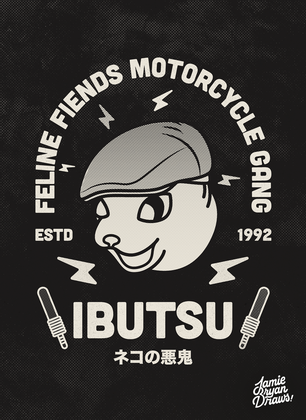 Black and white illustration titled “Feline Fiends Motorcycle Gang,” featuring a cat in a flat cap surrounded by sparkplug and lightning bolt motifs. Vintage-inspired artwork on a textured paper-style background celebrating character, rebellion, and classic biker culture.