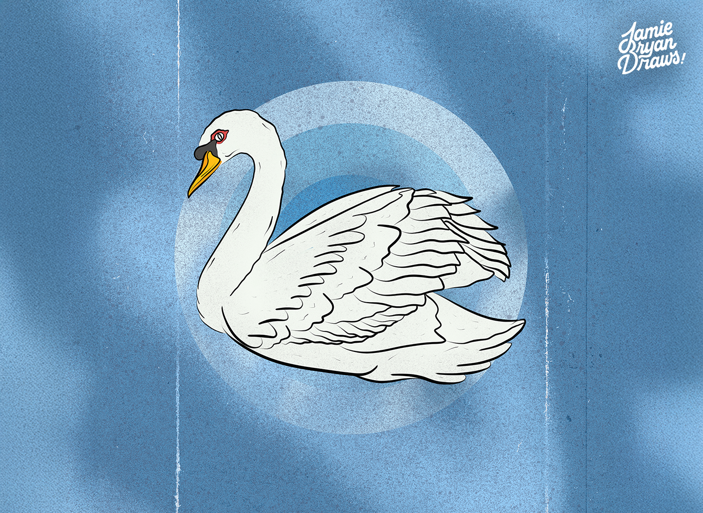 Hand-drawn illustration of a swan on a soft blue background, focusing on the elegant shape and graceful form of the bird.