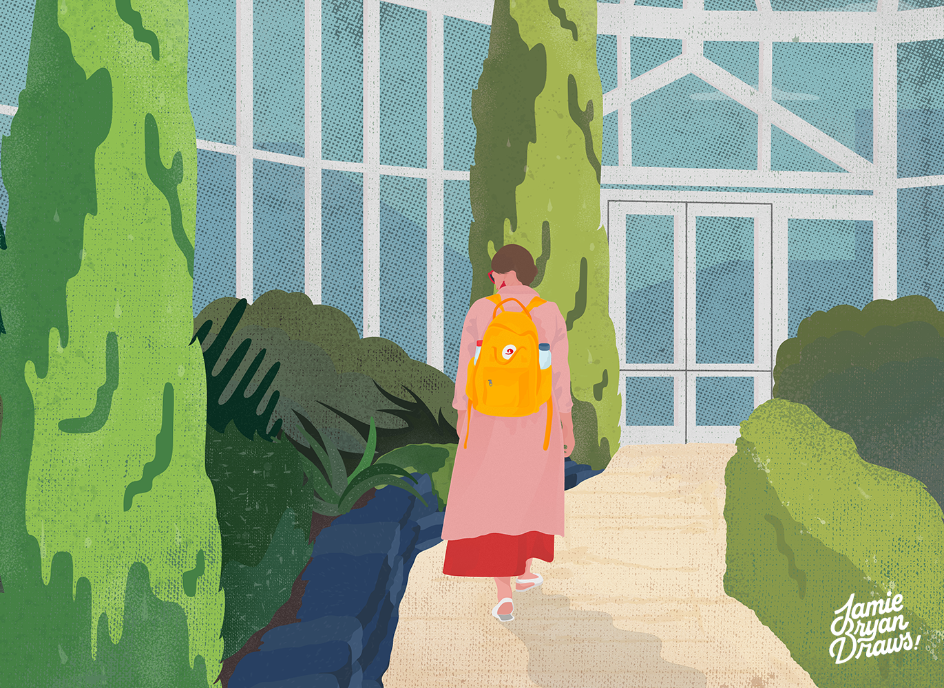 Berlin Botanical Gardens, a study of a wandering traveller passing through a glasshouse of wild plants and fauna, produced in an editorial-esque style reminiscent of vintage travel posters.