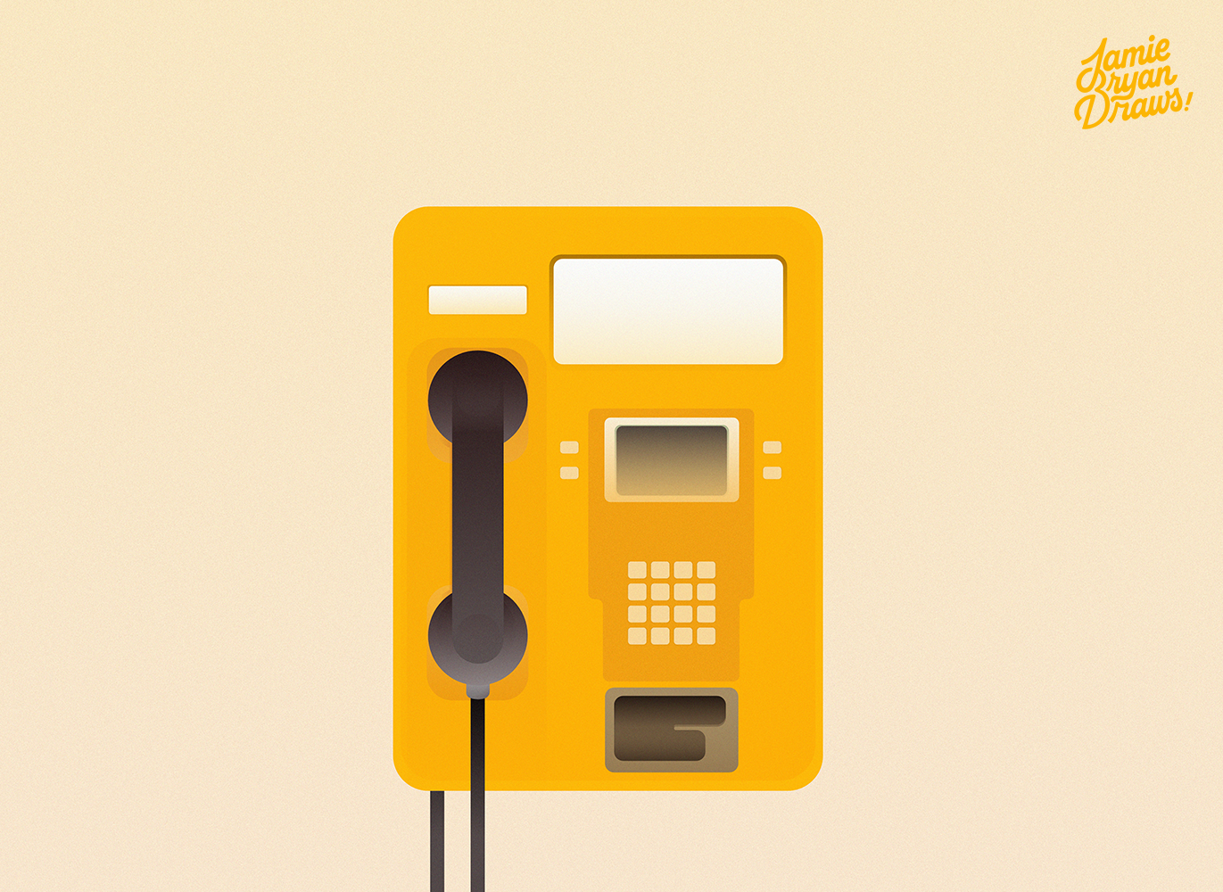 Vector illustration of a yellow phone mounted on a wall. Minimalist and clean, focusing on shape, color, and form in a simple vector style.
