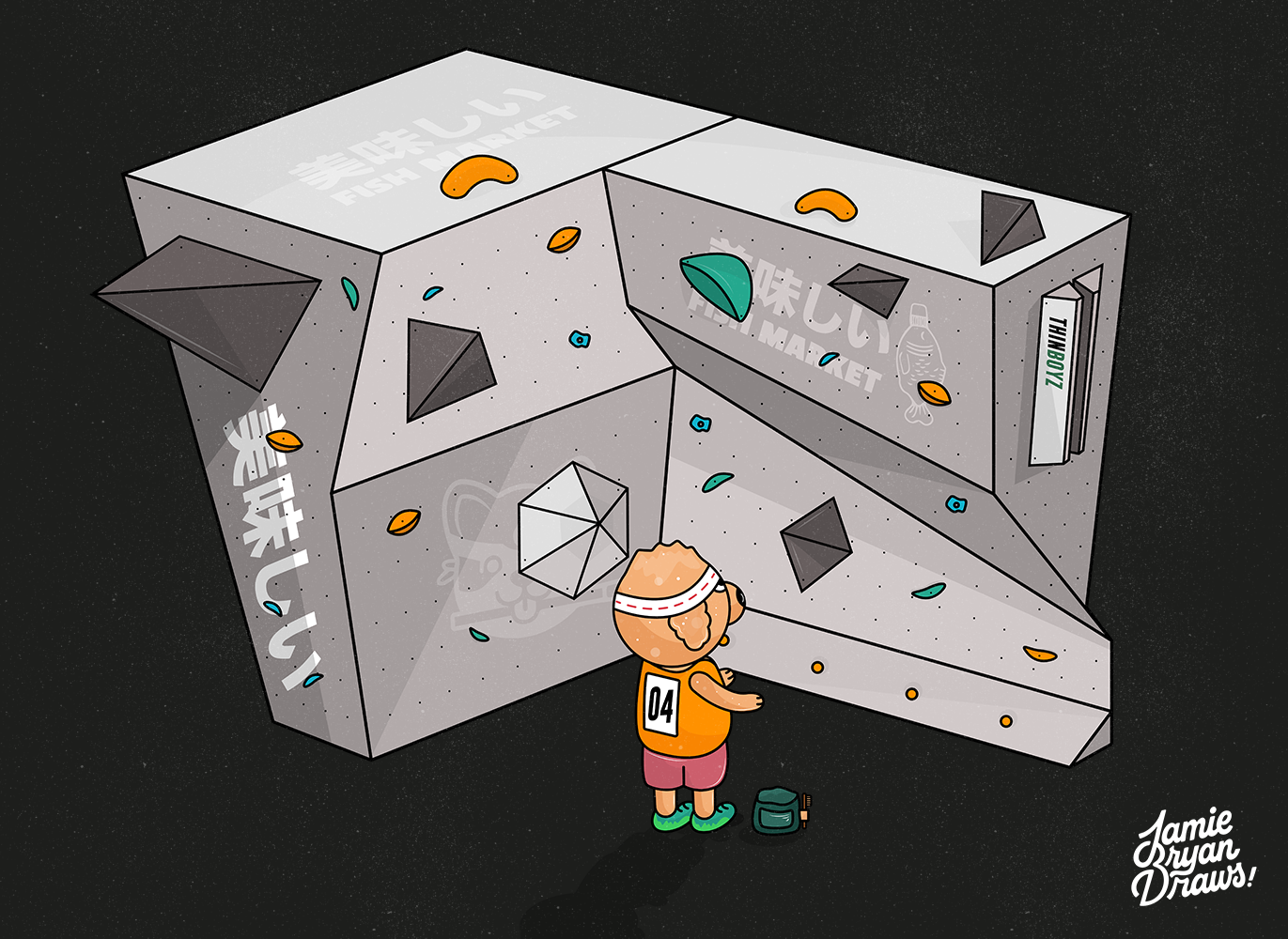 Illustration titled “Boulder Champ,” featuring a dog-like creature observing a competition boulder wall, planning its climb. Rendered in vibrant colors against a dark background, this playful artwork captures character, focus, and movement.