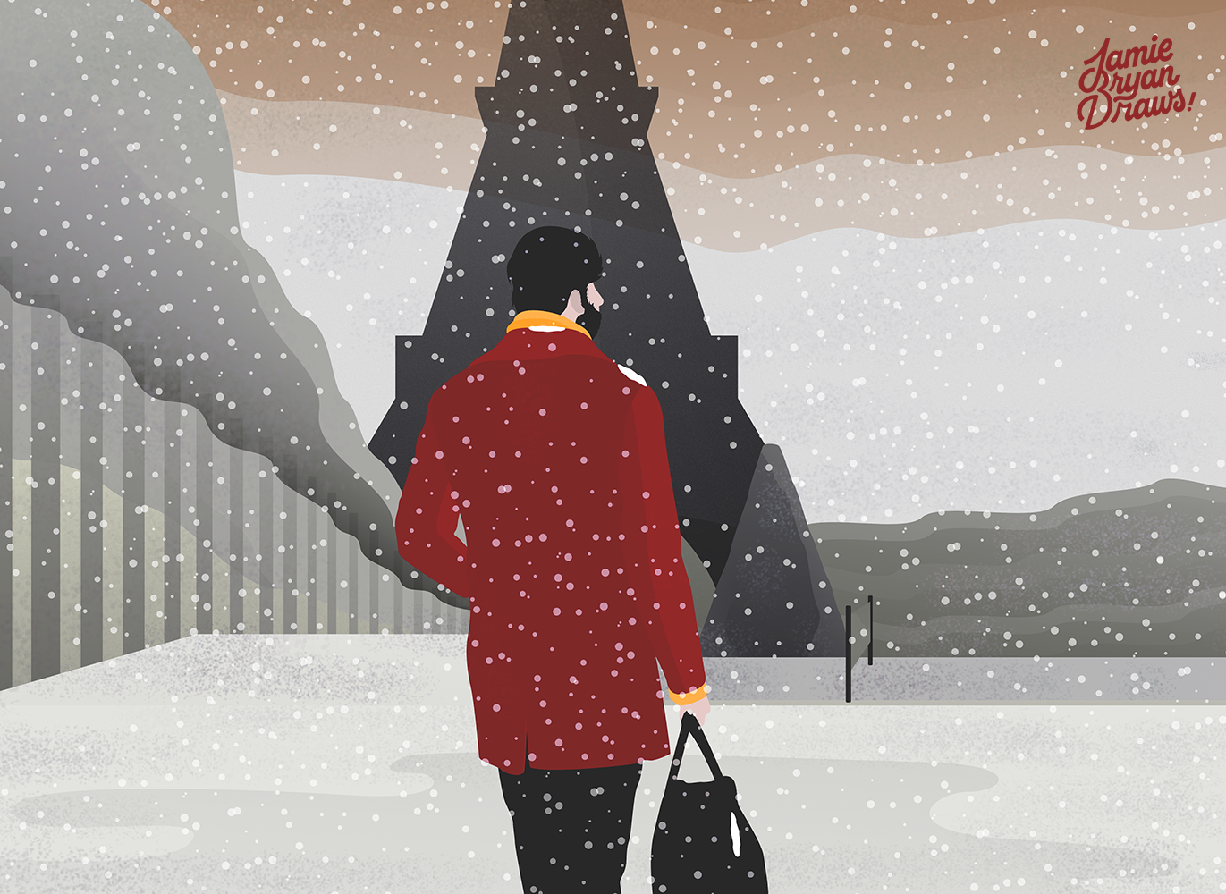 Vector illustration titled “One Day in Paris,” showing a man in a red coat and gold scarf walking across snow-covered ground with a duffel bag, against an abstract Eiffel Tower in the background. Heavy snowfall and muted greys create atmospheric contrast.