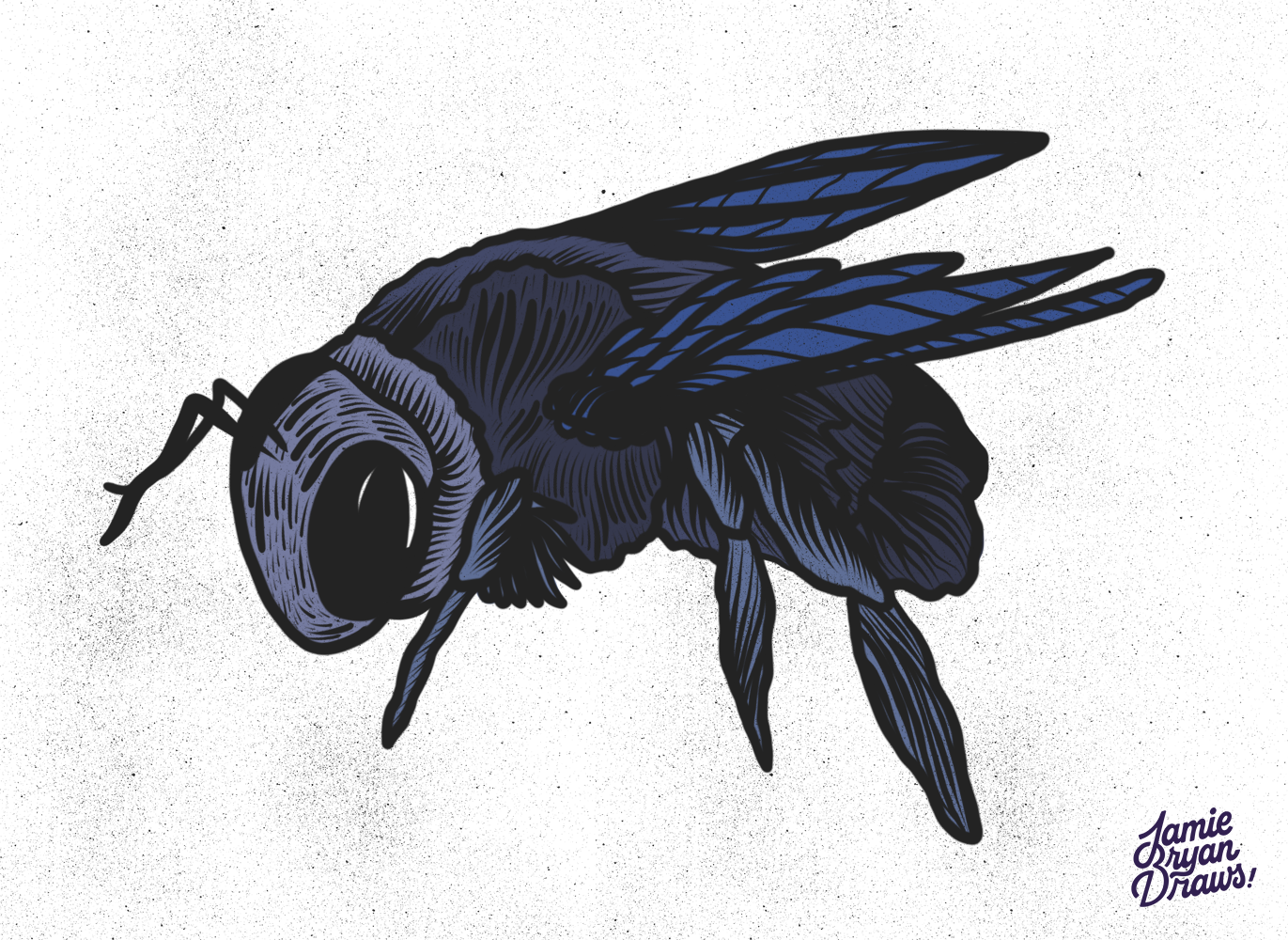 Hand-drawn illustration of a blue bumblebee on a grey background. Nature-inspired artwork emphasizing detail, color contrast, and the unique design of the insect.