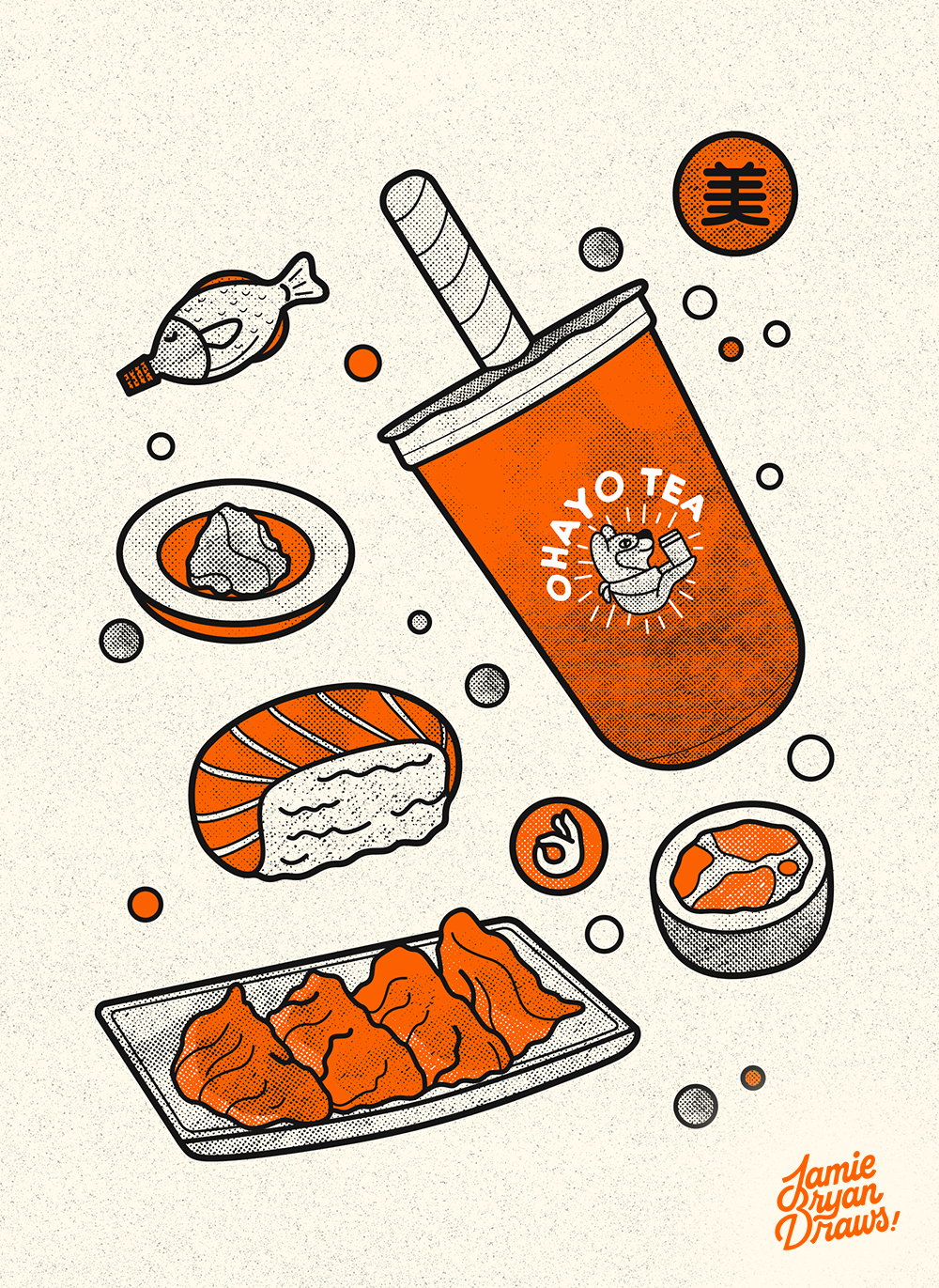 Black ink and halftone illustration titled “Savoury Treats,” featuring Japanese foods including gyoza, sushi, soy sauce, and tapioca tea. Nostalgic hand-drawn artwork with orange accents celebrating Japanese cuisine and design.