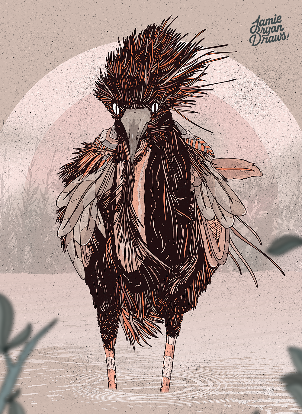Illustration of a Reddish Egret standing in a cold, wintery setting. The bird’s feathers flutter in the wind against a soft, brown-toned background, capturing movement and atmosphere.