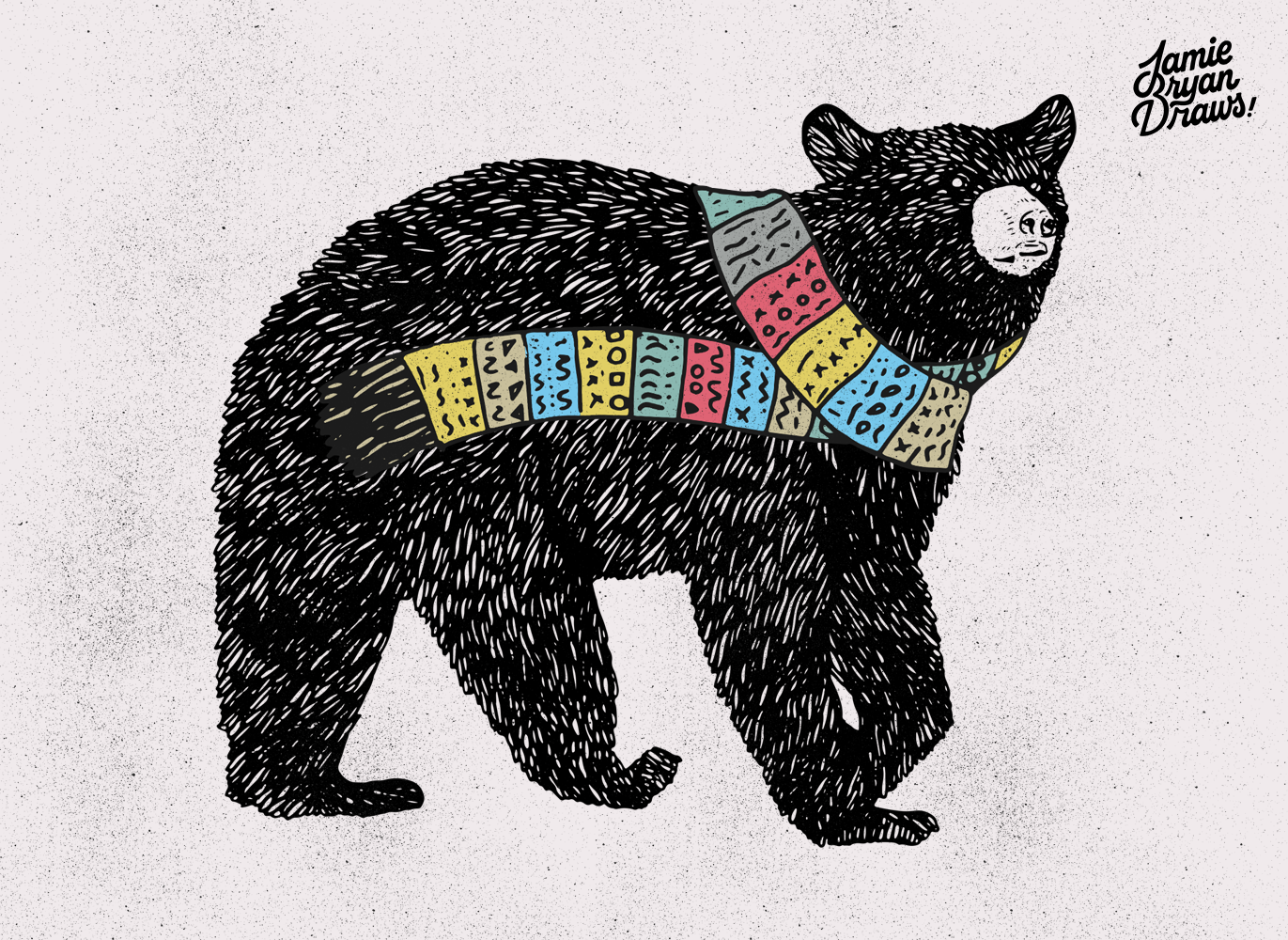Hand-drawn illustration of a black bear wearing a colorful scarf titled “Wrap Up Warm.” Wildlife-inspired artwork emphasizing detailed fur, playful character, and cozy charm.