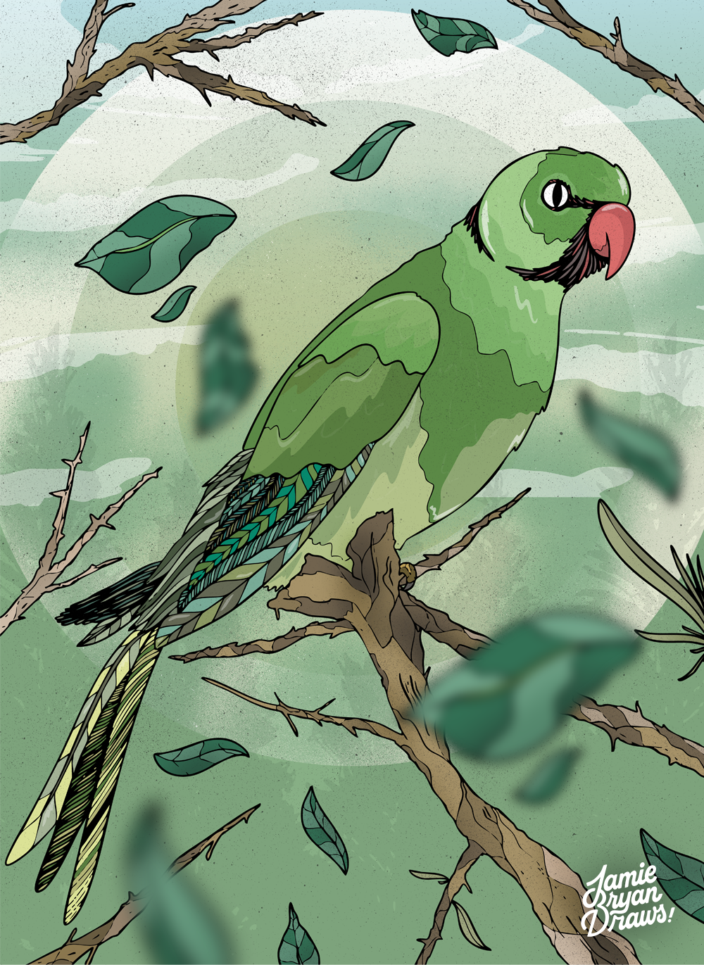 Hand-drawn illustration of a ring-necked parakeet perched in a tree, surrounded by swirling leaves and a soft green haze. Nature-inspired bird artwork with a peaceful woodland feel.
