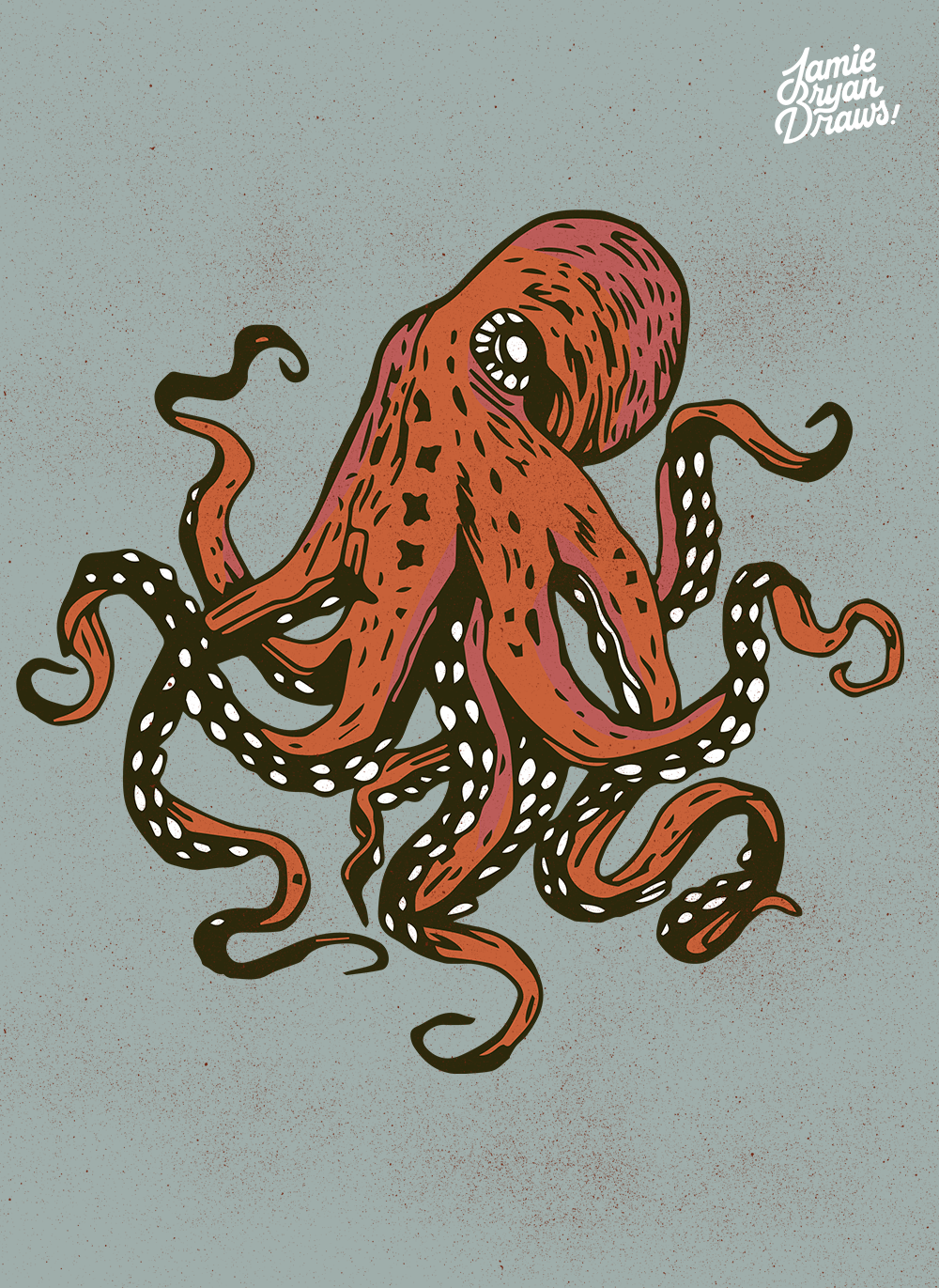 Hand-drawn illustration of a colossal squid with limbs flowing in an intricate pattern, featuring a tattoo-inspired style. Marine-inspired artwork emphasizing motion, fluidity, and graphic design.