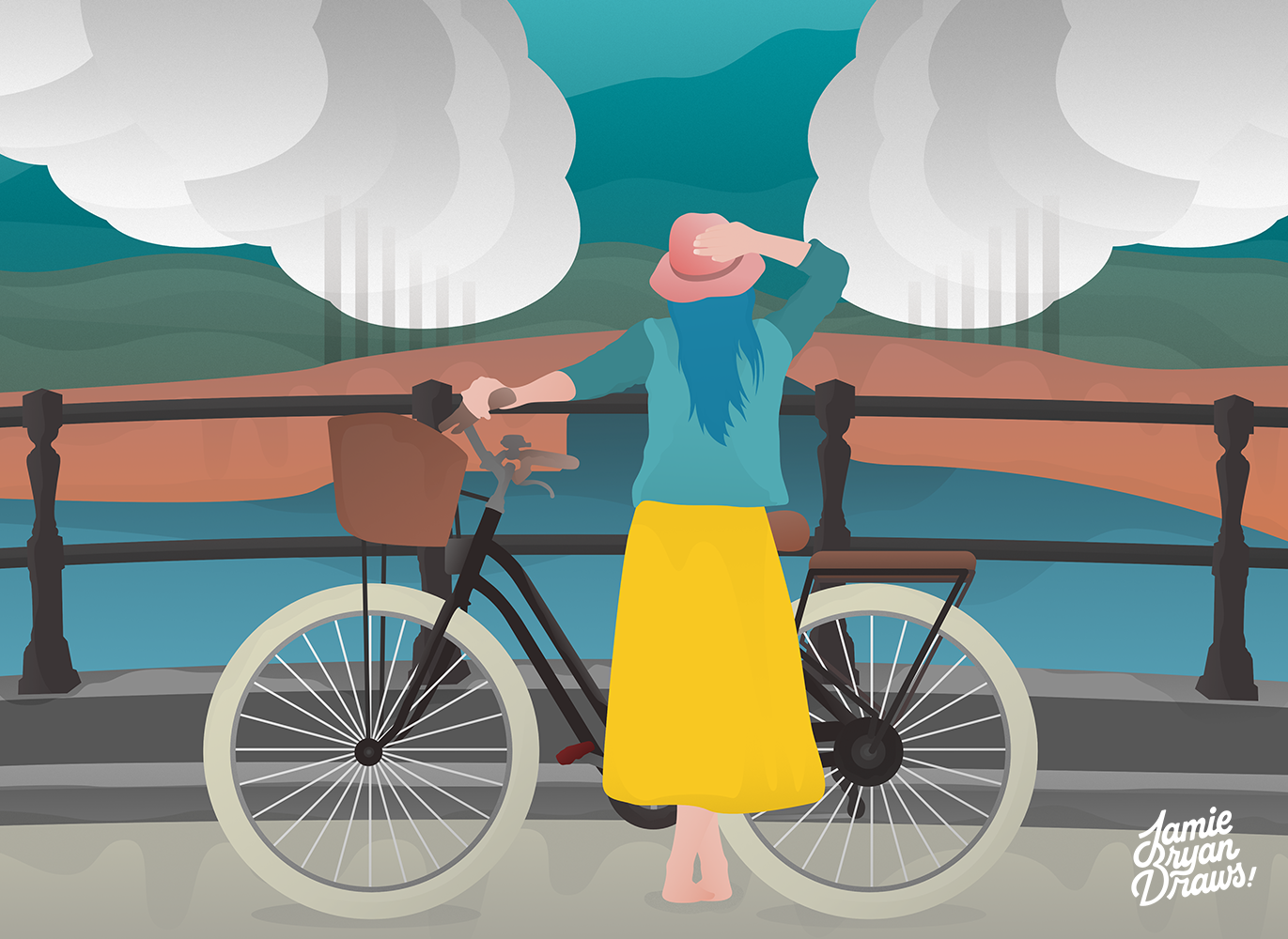 Vector illustration titled “Dreaming of Amsterdam,” showing a girl in a hat on a canal bridge with her bicycle, cream tires and basket, looking out over the water. Stylized and serene vector artwork emphasizing urban charm and reflection.