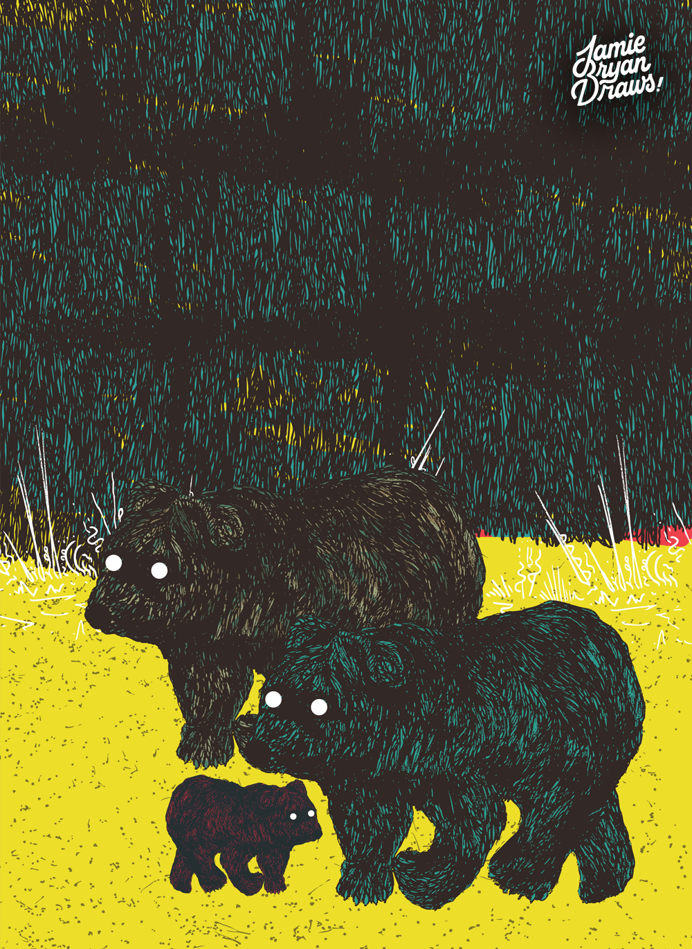 Hand-drawn illustration titled “Wandering Bears,” showing two parent bears and a cub walking together. Wildlife-inspired artwork emphasizing texture, family bonds, and natural movement.
