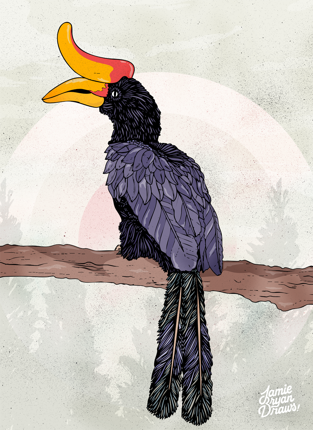 Hand-drawn illustration of a Rhinoceros Hornbill perched on a single branch against a light background, showcasing intricate feather detail and natural texture.