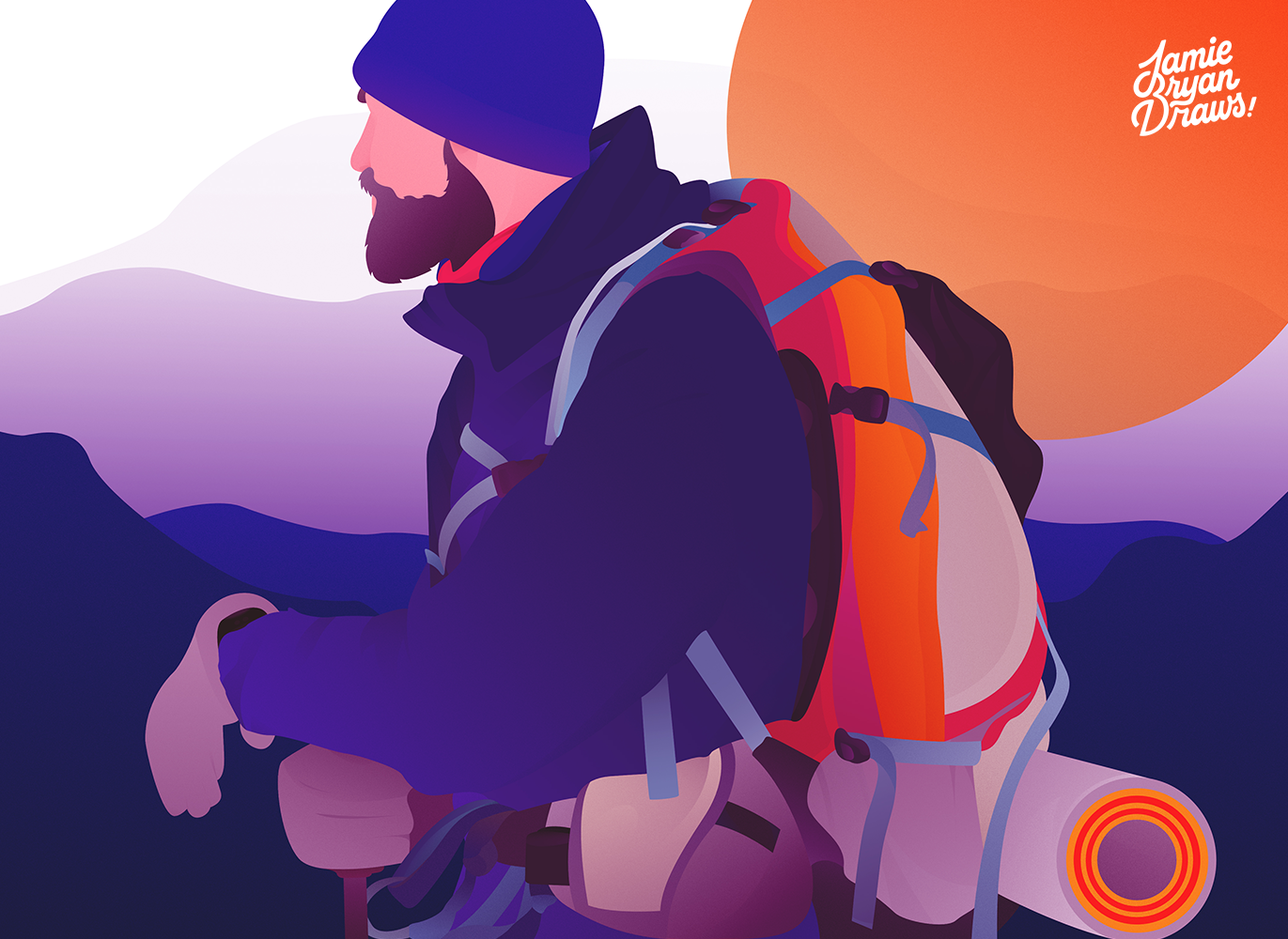 Vector illustration of a mountaineer standing on a summit with a backpack full of gear. Rendered in editorial vector style with purple and navy hues, emphasizing triumph, atmosphere, and detail.