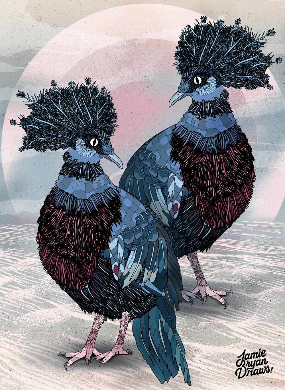 Illustration of two Victoria Crowned Pigeons standing on sandy ground beneath a rising sun. The birds are painted in soft blues and lilacs with deep burgundy chests, detailed crests, and a serene composition that captures early-morning light.